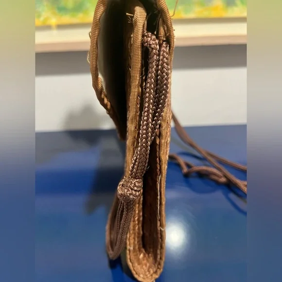 Waves Straw Wicker Purse Envelope Clutch Bag Brown Orange Vintage 70s 80s Lined - Picture 5 of 10